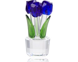 Kristallen tulpen decoratie - glazen bloemenbeeldje voor woondecoratie en cadeau - blauw - 4,6 x 4,6 x 10 cm - kristal voor bureau, kast en feestdagen