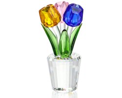 Kristallen tulpen decoratie - glazen bloemenbeeldje voor woondecoratie en cadeau - meerkleurig - 4,6 x 4,6 x 10 cm - kristal voor bureau, kast en feestdagen