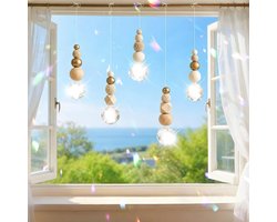 Kristallen Zonnevanger - Raamhanger Kristal - Decoratie Huis - Met Houten Kralen - Set van 5 - Transparant