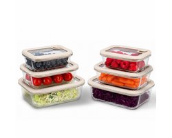 KROMS Glazen vershoudbakjes set 6 stuks - 100% glas Inclusief glazen Deksel - BPA Vrij - Lunchbox en meal prep containers - Glass container food - Magnetron oven vriezer vaatwasser