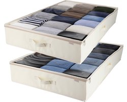 KROMS Under bed organizer set van 2 – Beige – 100 x 60 x 15 cm – Premium opbergtas onder bed – Voor kleding, dekbedden & beddengoed – Opvouwbare kast organizer met rits