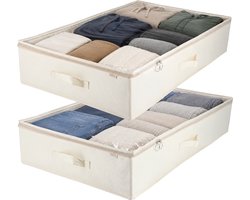 KROMS Under bed organizer set van 2 – Beige – 80 x 50 x 15 cm – Premium opbergtas onder bed – Voor kleding, dekbedden & beddengoed – Opvouwbare kast organizer met rits