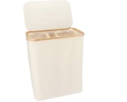 KROMS Wasmand 3 vakken - Beige - 145L - Inclusief NL & ENG labels - Wassorteerder bamboe - Laundry basket - Wasmand met deksel
