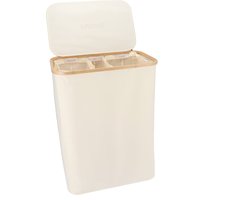 KROMS Wasmand 3 vakken - Beige - 160L - Extra groot model - Inclusief NL & EN Labels – Wassorteerder bamboe - Laundry basket - Wasmand met deksel - Opvouwbaar