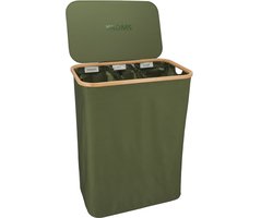 KROMS Wasmand 3 vakken - Olijfgroen - Extra groot model - Inclusief NL & EN Labels – Wassorteerder bamboe - Laundry basket - Wasmand met deksel - Opvouwbaar - 160L
