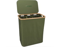 KROMS Wasmand 3 vakken - Olijfgroen - Wassorteerder bamboe - Laundry basket - Wasmand met deksel - 145L