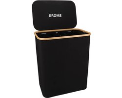 KROMS Wasmand 3 vakken - Zwart - 145L - Inclusief NL & ENG Labels - Wassorteerder bamboe - Laundry basket - Wasmand met deksel