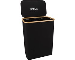 KROMS Wasmand 3 vakken - Zwart - 160L - Extra groot model - Inclusief NL & EN Labels – Wassorteerder bamboe - Laundry basket - Wasmand met deksel - Opvouwbaar