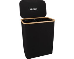 KROMS Wasmand 3 vakken - Zwart - Wassorteerder bamboe - Laundry basket - Wasmand met deksel - 145L