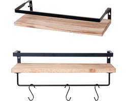 Kroon Houten Wandrek – Wandplank - Set van 2 – Inclusief 8 Haken & Bevestigingsmateriaal – 40x15 cm – Eenvoudig te monteren