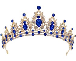 Kroon - tiara - kroontje - kroontje prinses - Koningsblauw Strass - bruids tiara - Goud kroon - Kristallen prinses tiara's - Bruid Haaraccessoires - Elegant en Duurzaam - Geschikt voor Verschillende Gelegenheden