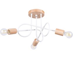 Kroonluchter EMBER 3 met 3 metalen armen en houten accenten - Sollux Lighting - IP20 - Wit/natuurlijk hout staal/hout behuizing - 14 x 56 x 26 cm - 3 x E27 LED, exclusief lichtbron - 3 x 15 W - Minimalistische kroonluchter voor gang, hal en woonkamer