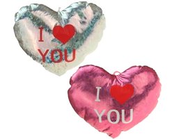 Krüger & Gregoriades Sierkussens - roze/zilver - 14 cm - glimmend - hart I Love You - Valentijn - pluche - hart