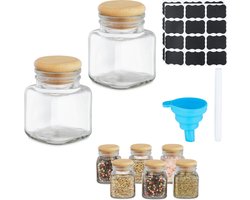 kruidenpotjes met stickers - set van 8 - glazen potjes 100 ml - met trechter