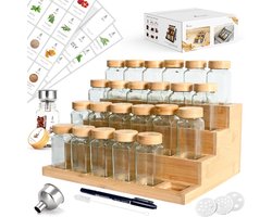 Kruidenpotjes Set 24x 120 ml – Vierkante Glazen Kruidenpotjes met Bamboe Rek – 2-in-1 Kruidenrek voor Lade & Aanrecht – Inclusief 120 Etiketten & Accessoires – BPA-vrij