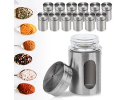 kruidenpotjes - set van 12 - met strooigaatjes (3 groottes) - kruidenstrooiers - Rond met RVS Deksel - Kruidenstrooier - Spice Jars - met glazen venster - Voorraad potje - met verstelbare Strooideksel - Kruidenpot Set