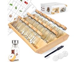 Kruidenpotjes, vierkant, met 2-in-1 bamboe kruidenpotjes met rek (FCM®), 21 x 120 ml, set kruidenpotjes, 120 etiketten, kruidenorganizer, lade, BPA-vrij
