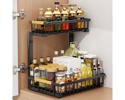 Kruidenrek 40x30x49 cm, 2-laags metalen rek onder gootsteen met uittrekbare lade, koolstofstaal, zwart