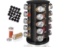 Kruidenrek staand – kruidenrek draaibaar – rek met 20 kruidenpotjes rond – kruiden organizer – Incl. 32 labels - Zwart
