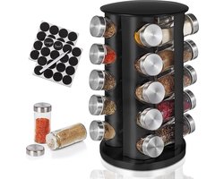 Kruidenrek staand – kruidenrek draaibaar – rek met 20 kruidenpotjes rond – kruiden organizer – Incl. 48 labels - Zwart