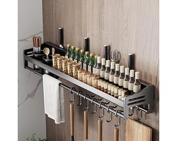 Kruidenrek Wandplank Zonder Boren - Metalen Keukenrek 80x13,5x12 cm - Kruidenorganizer met Haken - Ophangbaar Wandrek met 2 Bestekhouders - Keuken Opbergrek voor Kruiden en Accessoires