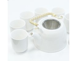 Kruidenthee Servies  - Klassiek Wit - Theepot Met Metalen Zeef + 6 kopjes