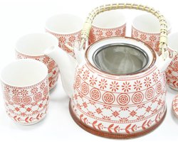 Kruidenthee Servies - Roze - Theepot Met Metalen Zeef + 6 kopjes