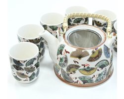 Kruidenthee Servies - Waaiers - Theepot met Metalen Zeef + 6 Kopjes
