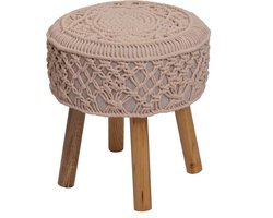 Kruk MCW-J43, gebreide kruk poef, 45x41cm rond macramé/gebreide stof/textiel ~ crème-beige
