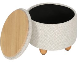 Kruk met opbergruimte, ronde kruk, voetenbank met deksel, gevoerde kruk met massief houten poten, linnen bekleding, Ø39x33 cm, crèmewit, SH77cm