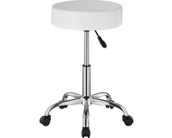 Kruk – met Wielen, Draagvermogen 204 kg, Rond, In Hoogte Verstelbaar, Verdikt Pu-Leer, Draaikruk voor Salon, Spa, Kliniek, Tatoeage, Kantoor, Wit