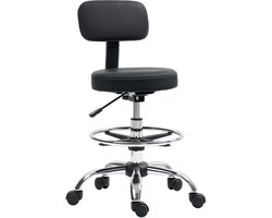 kruk op wielen - Premium Rolkruk met Rugleuning en Voetensteun - In Hoogte Verstelbaar 70-86 cm - Salon - Kantoor en Praktijk - Zwart