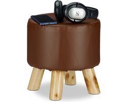 krukje kunstleer - gepolsterd - 4 houten pootjes - rond - 30 x 30 cm - bruin