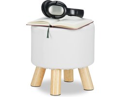 krukje kunstleer - gepolsterd - 4 houten pootjes - rond - 30 x 30 cm - wit