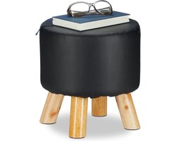 krukje kunstleer - gepolsterd - 4 houten pootjes - rond - 30 x 30 cm - zwart