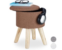 krukje met opbergruimte - gepolsterd - afneembare deksel - houten pootjes - 36 x 31,5 x 31,5 cm - bruin