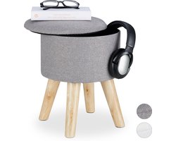 krukje met opbergruimte - gepolsterd - afneembare deksel - houten pootjes - 36 x 31,5 x 31,5 cm - grijs