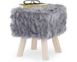 Krukje met vacht - Poef met houten poten - Zit & voetenbank - Kaptafel - HBD 37 x 32 x 32 cm - Grijs