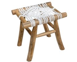Krukje van hout en Katoen - Kruk van Teakhout - Bruin / Wit - 45 x 32 x 48 cm