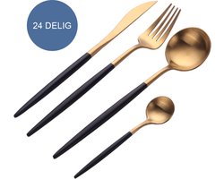 Krumble Bestekset 24 delig - 6 personen - Bestek bestaat uit een mes, vork, eetlepel en dessertlepel - Bestek set halfmat - Dinermes - Tafellepel - RVS - Goud en zwart