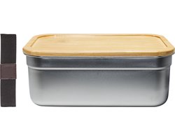 Krumble Broodtrommel - Lunchbox - Brooddoos - Broodtrommel kinderen en volwassenen - Lunchtrommel - Broodtrommels - Met elastiek en losse deksel - Rechthoekig - RVS en bamboe - Zilver en Bruin