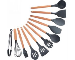 Krumble Keukengerei - Spatels set - Bakspatel - Roerspatel - Garde - Ophangbaar - 11 delig - Kookgerei - BPA vrij - Siliconen spatels met houten steel - Grijs en bruin