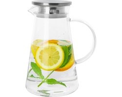 Krumble Schenkkan - Karaf - Waterfilter - Waterkan - Schenkfles - Drankdispenser - Inclusief filter, handvat en deksel - Glas en aluminium - 1.2 Liter - 12,5 x 21,5 cm (dxh) - Transparant