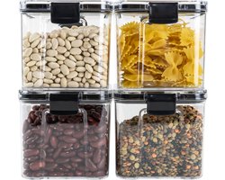Krumble Voorraadpotten met deksel set van 4 - Voorraadbussen - Voedsel bewaren - Suikerpot - Weckpot - Vershoudbakjes - Snoeppot - Bewaardozen - Bewaarpot - Kunststof - Inhoud 700 ml - 10 x 10 x 9,5 cm (lxbxh) - Transparant en zwart