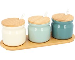 Krumble Voorraadpotten met houten deksel - Suikerpotten - Bewaarpotten - Kruidenpotjes - Inhoud 300 ml per potje - Houten plankje en lepels - Set van 3 - Lichtblauw, gebroken wit, Blauw - Keramiek