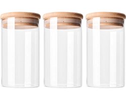Krumble Voorraadpotten - Set van 3 - 700 ml per pot - Met deksel - Suikerpotten - Snoeppotten - Glazen potten - Voorraadbussen - Bewaarpot - 3-delig - Opbergen en bewaren - Luchtdicht - Glas - Hout - 9 x 9 x 16 cm