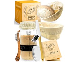 KRUSTENZAUBER 2-Delig Rijsmand Set van Riet met 600ml Zuurdesem Starter Set | Rijsdoek, Glazen Pot, Spatel, Rijsmandje en Bakkersmes | Brood Bakken Accessoires | Sourdough Starter Kit