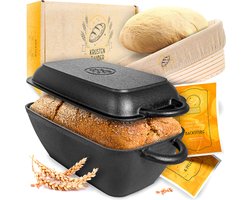 KRUSTENZAUBER 28 cm gietijzeren pot brood bakken inclusief rijsmand - Robuuste broodbakvorm rechthoekig met deksel voor in de oven - Ideale broodvorm, broodbakpan, brood bakvorm gietijzeren pot brood bakken, broodbakaccessoires, broodvorm