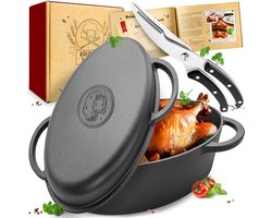 KRUSTENZAUBER 38 cm ovale gietijzeren braadpan met deksel geschikt voor de oven inclusief vleesvork - 9.8L zwart geëmailleerde pot - braadpan inductie, gas, elektrisch - ideaal kerstcadeau