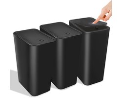 Kssvzz Set van 3 prullenbakken met deksel, 10L plastic prullenbak, moderne afvalbak voor slaapkamer, keuken, kantoor, toilet (zwart)